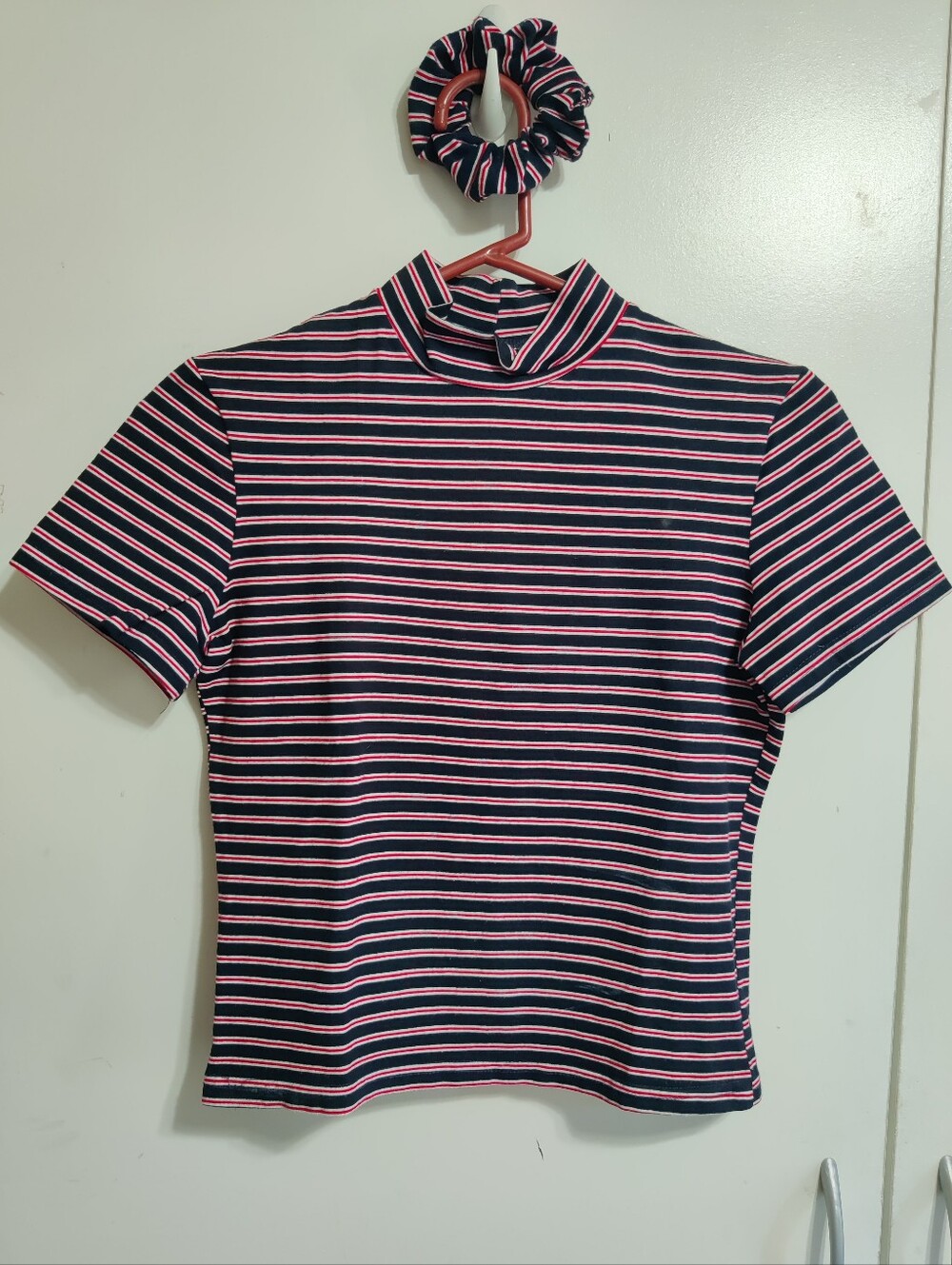 Striped Mock Neck Top with Matching Scrunchie Hair Accessory By Lob